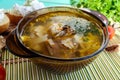 Flavored soup of dried porcini mushrooms in a glass tureen. Royalty Free Stock Photo