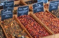 Flavored teas and infusions for sale at a local outdoor farmers market in Nice, France