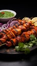 Flavorful charmers Indian chicken tikka kebabs, roasted, accompanied by chutney and onions Royalty Free Stock Photo