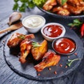 Flavorful Fusion: Fried Chicken Wings with a Medley of Sauces, Displayed on Elegant Black Slate