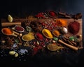 A Flavorful Journey: A Wooden Board Overflowing With an Array of Aromatic Spices