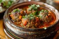 Flavorful Kefta Tagine Cooked in Rich Tomato Sauce, Lamb Meatballs, Traditional Moroccan Delight