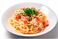 Flavorful Pasta Creation: Artfully Arranged Ham and Parsley on White Background