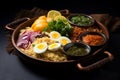 Flavorful presentation Pakistani meal, thoughtfully arranged in a basket, captured from above