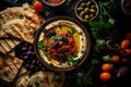 A flavorful serving of hummus accompanied by an array of olives and pita bread, creating a tasty Mediterranean appetizer, A