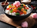 A flavorful stir-fry, but replace the rice with a bed of cotton candy and gummy bears.