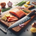 Fish preparation on a kitchen work surface chopping board, with ingredients Royalty Free Stock Photo