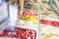 Flavors various ice cream in Rome, Italy. Italian gelateria. Assortment of colorful gelato on cafe showcase. Royalty Free Stock Photo