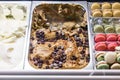 Flavors various ice cream in Rome, Italy. Italian gelateria. Assortment of colorful gelato on cafe showcase. Royalty Free Stock Photo