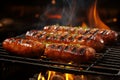 Flavorsome bratwurst on the grill, captured with tongs, space for text Royalty Free Stock Photo