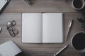 Open Notebook on Wooden Desk with Coffee and Glasses Royalty Free Stock Photo