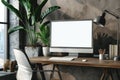 Modern Home Office with Blank Computer Screen and Plants Royalty Free Stock Photo