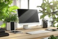 Minimalist Home Office Workspace with Computer and Plants Royalty Free Stock Photo