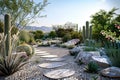 Flawless Visual of Desert Hardscaping Design with River Rock, Cacti, and Succulents Royalty Free Stock Photo