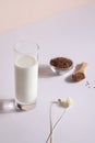 flax seed milk in glass on white background with plant. copy space. Royalty Free Stock Photo