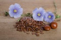 Flax seeds , beauty flower and pills on woooden background