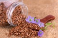 Flax seeds are poured out of a glass jar. Concept of natural vitamins and microelements. Close-up.