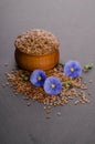 Flax seeds in the wooden bowl, beauty flower Royalty Free Stock Photo