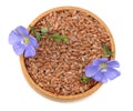flax seeds in wooden bowl with flower isolated on white background. flaxseed or linseed. Cereals. top view Royalty Free Stock Photo