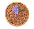 flax seeds in wooden bowl with flower isolated on white background. flaxseed or linseed. Cereals. top view Royalty Free Stock Photo