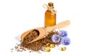 Flax seeds in the wooden scoop, bottle with oil and beauty flowers Royalty Free Stock Photo