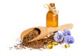 Flax seeds in the wooden scoop, bottle with oil and beauty flowers Royalty Free Stock Photo