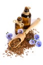 Flax seeds in the wooden scoop, bottle with oil Royalty Free Stock Photo