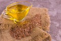 Flaxseed oil rich in omega 3. The concept of useful products.