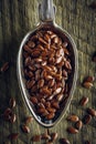 Flaxseeds in a spoon on a wooden background
