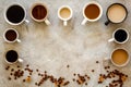 Flay lay with cups - coffee break - on beige background top view copy space Royalty Free Stock Photo