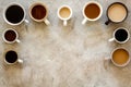 Flay lay with cups - coffee break - on beige background top view copy space Royalty Free Stock Photo