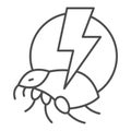 Flea and lightning thin line icon, pest control concept, Flea warning sign on white background, catch bedbugs parasite