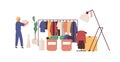 Flea market, clothing bazaar flat vector illustration. Female customer faceless character. Rag fair merchandise