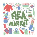 Flea market emblem. Text and hand drawn decor Royalty Free Stock Photo