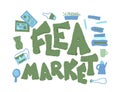 Flea market emblem. Text and hand drawn decor Royalty Free Stock Photo