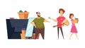 Flea market sale. Seller and buyers, man woman buying things on garage sale. Neighborhoods trade vector illustration