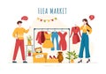 Flea Market Template Hand Drawn Cartoon Flat Illustration Second Hand Shop with Shoppers, Swap Meet, Sellers and Customers