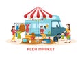 Flea Market Template Hand Drawn Cartoon Flat Illustration Second Hand Shop with Shoppers, Swap Meet, Sellers and Customers