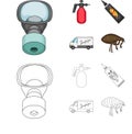 Flea, special car and equipment cartoon,outline icons in set collection for design. Pest Control Service vector symbol Royalty Free Stock Photo