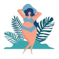 Beautiful girl in a hat, blue swimsuit is sunbathing. Flat style. Abstract plants in flat style. Royalty Free Stock Photo