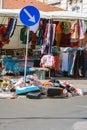 Flee market with a sing to keep right Royalty Free Stock Photo