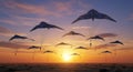 A fleet of advanced solar powered drones glides down during a beautiful sunset Royalty Free Stock Photo