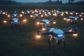 Fleet of autonomous drones scanning cattle in a futuristic agricultural landscape with digital sensors at twilight