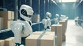 A fleet of autonomous robots efficiently navigating a high-tech warehouse, indicating a futuristic approach to logistics and