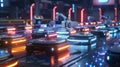 A fleet of autonomous robots equipped with 5G technology navigating around the factory floor to transport components and