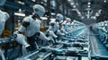 A fleet of autonomous robots working seamlessly together on a production line controlled by a powerful 5G network