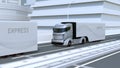 A fleet of autonomous trucks driving on highway