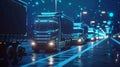 A fleet of autonomous trucks uses 5G connectivity to communicate with each other and coordinate their routes minimizing