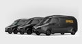 Fleet of black electric powered delivery vans on gray background