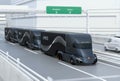 A fleet of black self-driving electric semi trucks driving on highway